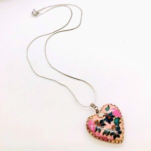 Vintage Cloisonné Heart Pendant & Trifari Simple Necklace